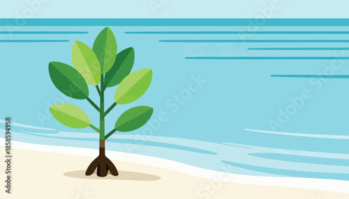 Single mangrove tree on a sandy beach, ocean waves in the background