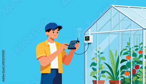 Farmer uses tablet and sensors in a greenhouse