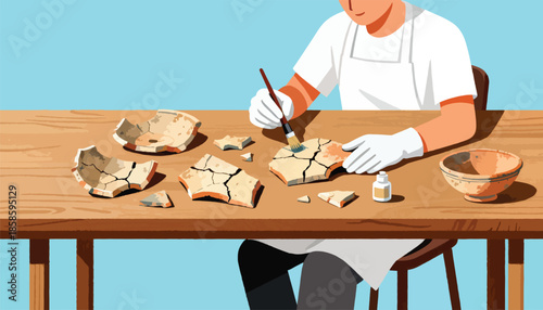 Archaeologist carefully cleans fragments of an ancient pot on a wooden table