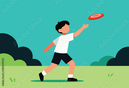 A child in a white shirt and dark shorts plays with a frisbee in a park