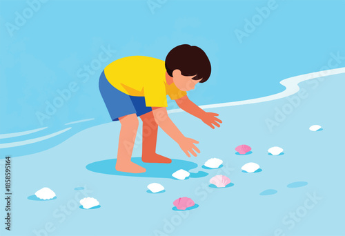 Child stooping to collect shells on a blue ocean shore