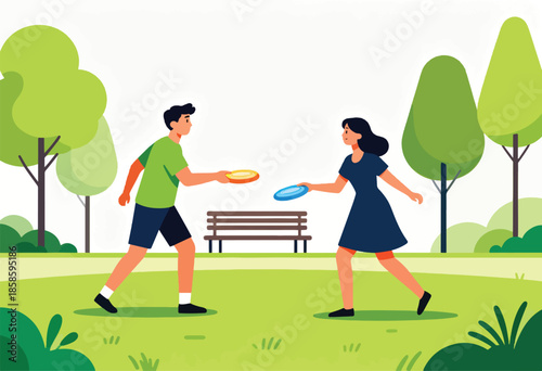 Two people playing frisbee in a park with trees and a bench (1)