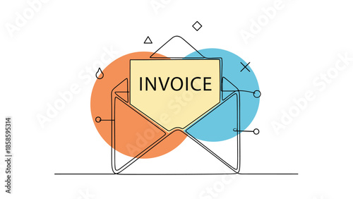 Modern conceptual illustration of an invoice inside an open envelope surrounded by abstract geometric shapes and colorful circles in line art.