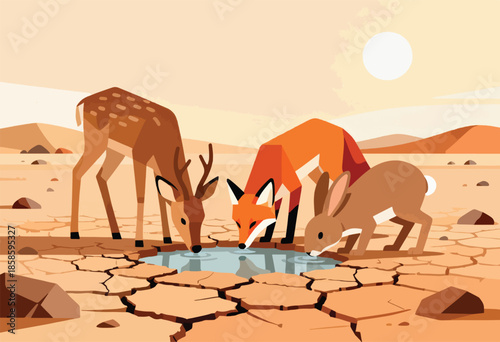 Desert animals quench thirst at scarce waterhole during arid heat