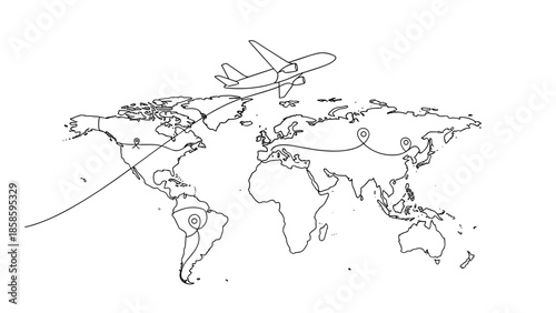 Detailed world map outline with a paper airplane flying across the oceans and continents along a winding path to represent global travel routes.