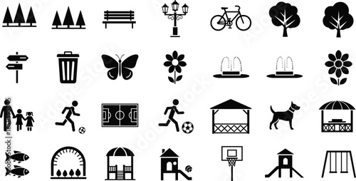 Park elements silhouette icons set including trees, benches, playground, sports, pets, signs, flowers, and family recreation symbols.