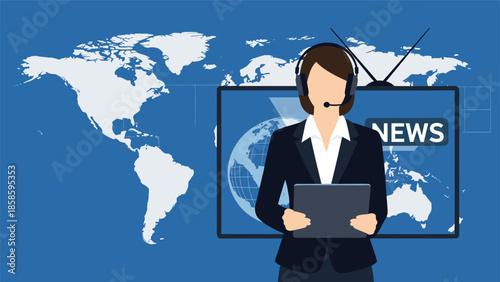 Professional news anchor woman with a headset and tablet presenting global information in front of a world map and digital studio background.