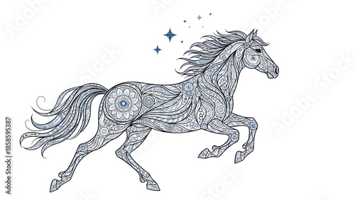 Majestic horse running in a detailed mandala style, featuring intricate floral patterns and celestial stars in a beautiful and ethnic art design.