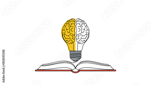 Innovative concept of a brain inside a glowing light bulb placed on an open book, symbolizing the power of education, knowledge, and creative ideas.
