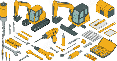 Isometric construction tools and machinery set with excavators, power drills, hand tools and equipment, industrial building vector illustration