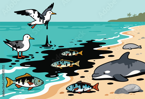 Oil spill pollutes a beach, harming sea birds, fish, and marine mammals