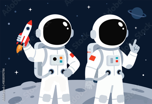 Two astronauts on a moon-like surface, one holds a rocket, other points upwards