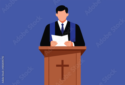 Person in robes stands at a wooden podium with a cross, holding a paper