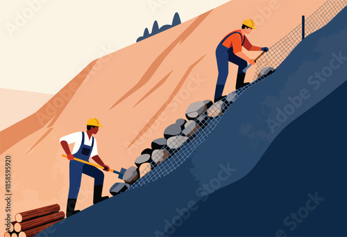 Workers fortify a slope by placing rocks behind a mesh barrier