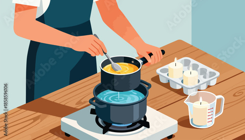 Person melting wax over water for candle making