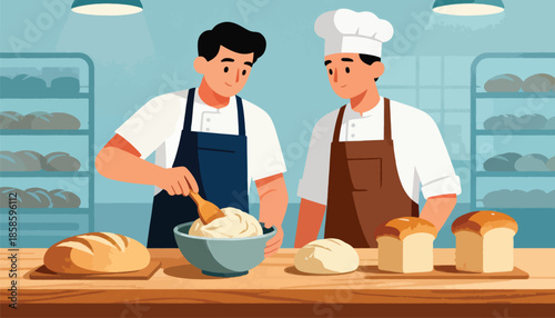 Two bakers in a kitchen preparing dough and bread, with shelves of baked goods