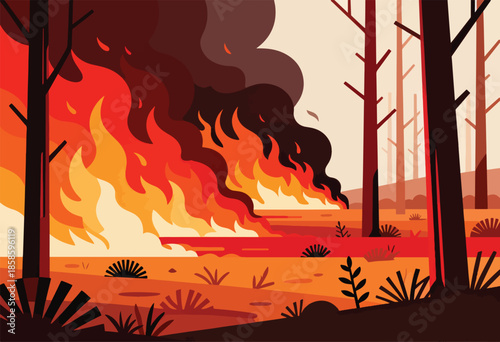 Wildfire engulfs forest with dense smoke and vibrant flames