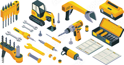 Isometric construction tools and machinery set with excavators, power drills, hand tools and equipment, industrial building vector illustration