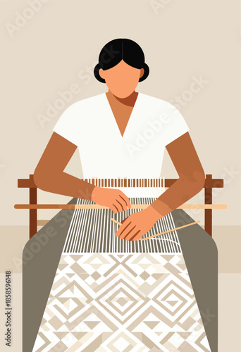 Person weaving fabric on a loom with geometric patterns