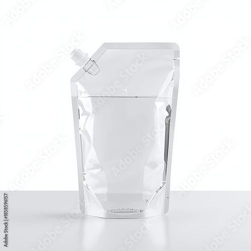 Transparent stand-up spout pouch mockup filled with clear liquid on white background