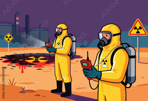 Two figures in hazmat suits inspect a hazardous zone near industrial structures