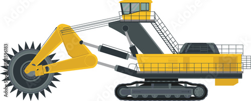 Large yellow bucket wheel excavator illustration, heavy mining and construction machinery, industrial excavation equipment, engineering vehicle vector design