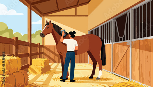 Person brushes a brown horse in a wooden stable filled with hay