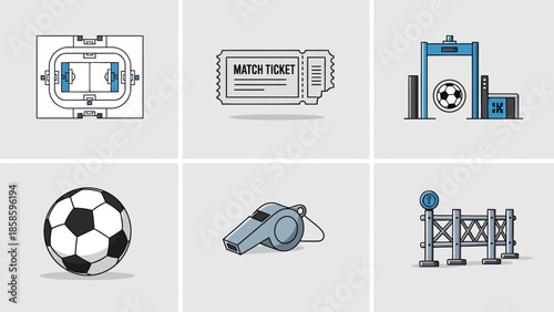 Soccer stadium match entrance security icons set featuring stadium map ticket gate scanner ball whistle and crowd control barrier for sporting event attendance preparation and fan experience design