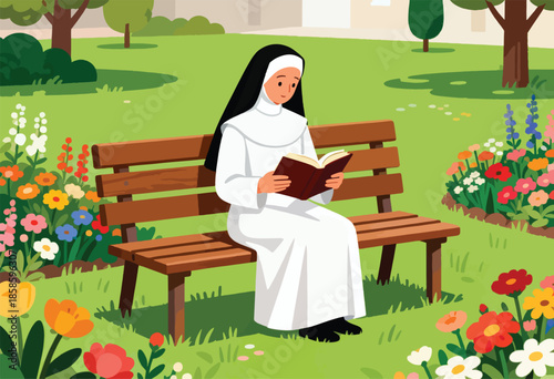 Nun reads a book on a park bench surrounded by vibrant flowers
