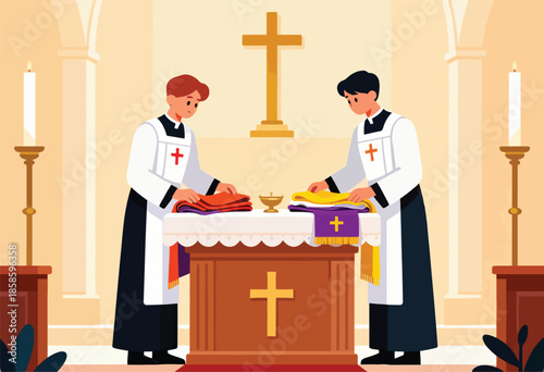 Clergy prepare altar with liturgical cloths and chalice for service
