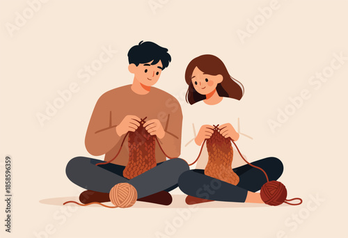 Couple enjoys knitting together, surrounded by yarn balls on a light background