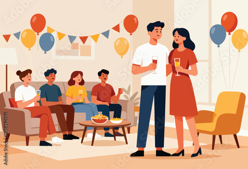 Friends enjoying drinks and snacks at a festive gathering with balloons and bunting