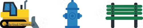 Minimal flat city icons set with bulldozer, fire hydrant and park bench, urban infrastructure and construction elements vector illustration