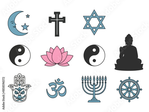 A 3x4 grid of twelve distinct religious and spiritual symbols