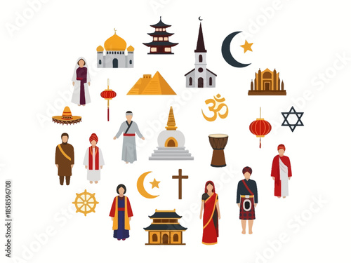 Collection of religious symbols cultural attire and landmarks in a circular arrangement