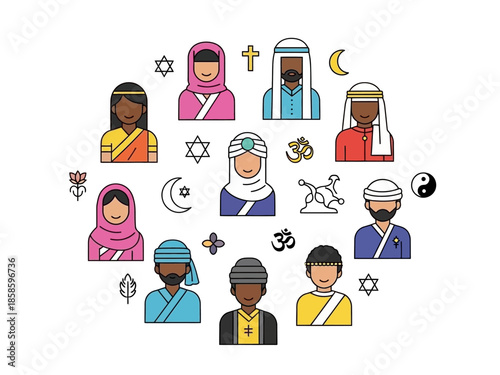Diverse group of people icons surrounding various religious and cultural symbols