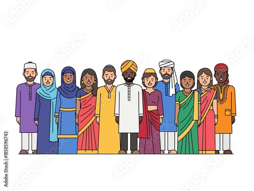 Diverse group of people in traditional South Asian and Middle Eastern attire
