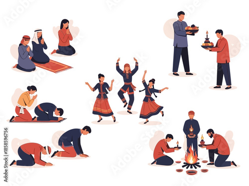 Diverse people engaging in various cultural and religious practices