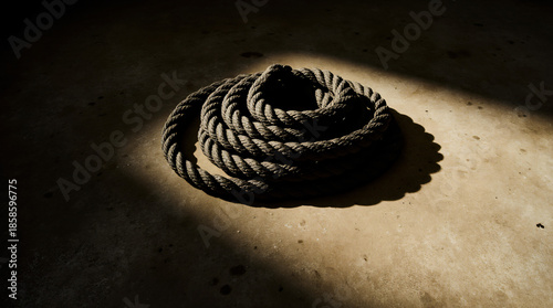Fotografia comercial e dramática mostra cordas de batalha profissionais e pesadas enroladas em um piso de concreto polido.