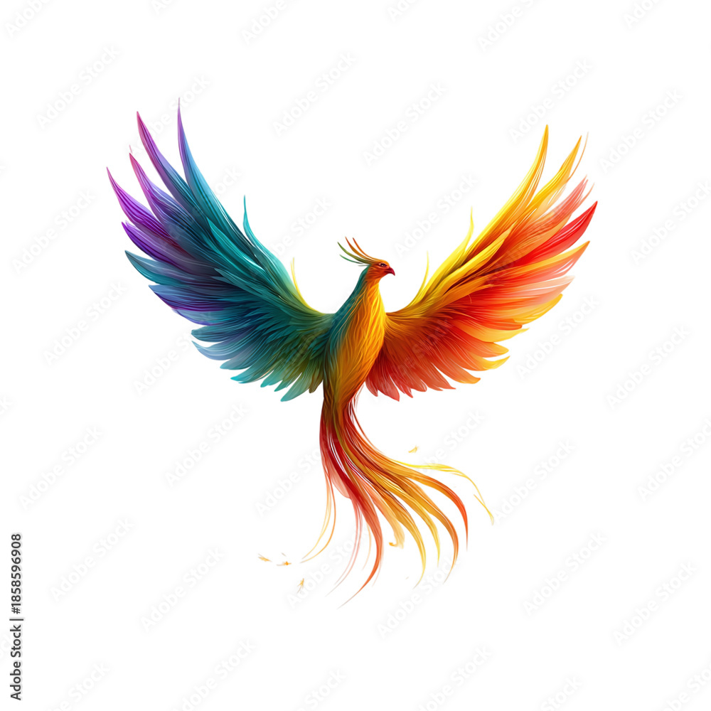 Obraz premium Vibrant Phoenix illustration in full flight with dazzling rainbow wings, symbolizing renewal and transformation