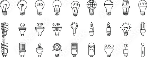 Set of Light Bulb Icons Showing LED, Halogen, Fluorescent Types with Base Variants for Electrical and Interior Lighting Design