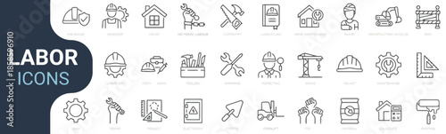 Labor Icon Set Featuring Work Safety Construction Tools Mechanical Repair Building Industry Engineering and Job Site Equipment Isolated on White Background Worker and Gear