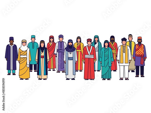 Group of diverse people in traditional attire standing in a row