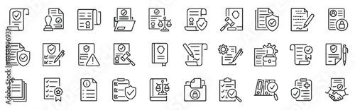 Legal Documents Line Icons Set of Contract Agreement Law Justice Notary Paper Stamp Guarantee Judgement Protection Rights Business Vector Pictogram