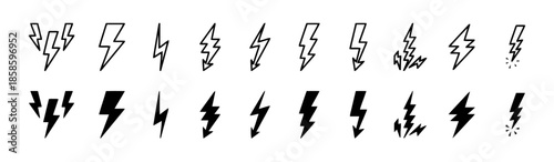Lightning bolt vector icons in various styles illustrating electricity power and energy with outline and filled designs for technology and alert visuals