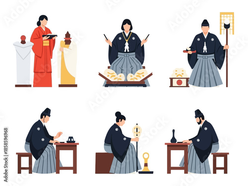 Six figures in traditional Japanese attire performing ceremonial activities
