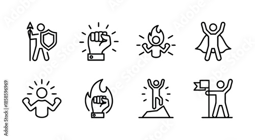 Line art icons of motivation leadership vector concept set with defender power success and winner on white background exactly 200 characters