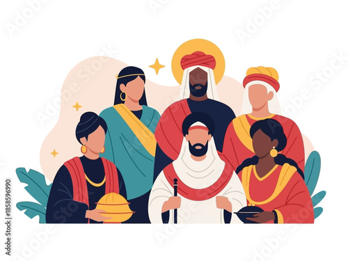 Stylized illustration of six diverse figures resembling the Biblical Magi