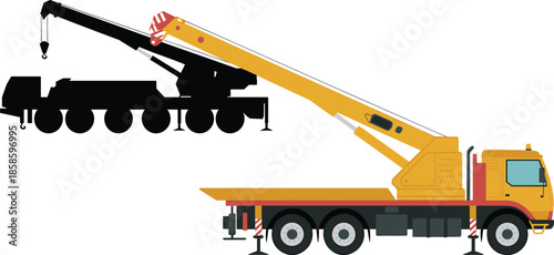 Mobile crane truck illustration lifting heavy load, telescopic boom construction vehicle, industrial lifting equipment for engineering and infrastructure projects