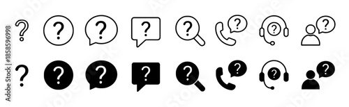 Line art and solid icons of questions and answers frequently asked questions vector concept set on white background exactly 200 characters